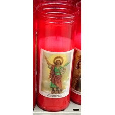 Canaryceras - Velon el Faro Forro Kerze im rot-transparenten Glas Trauerkerze groß mit christlichem Motiv hergestellt auf Teneriffa